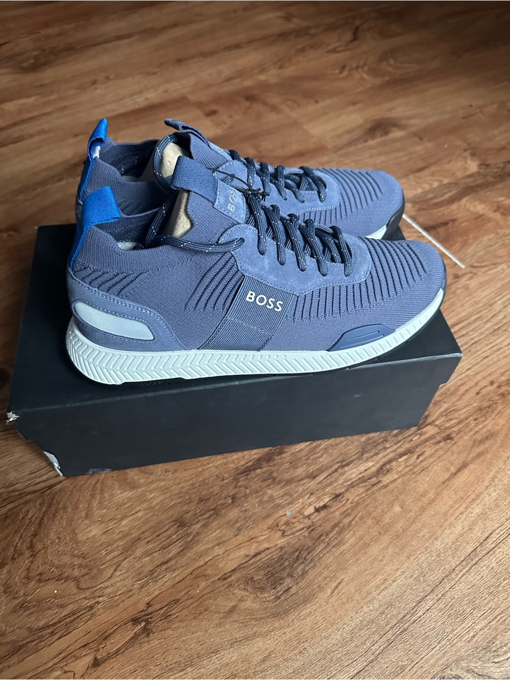 BOSS Men's Navy Knit Lace-Up Sneakers with Contrast Heel Tab